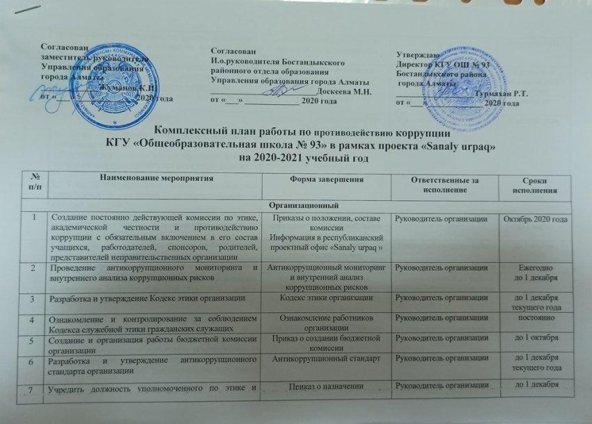 Комплексный план работы по противодействию коррупции на 2020-2021 учебный год