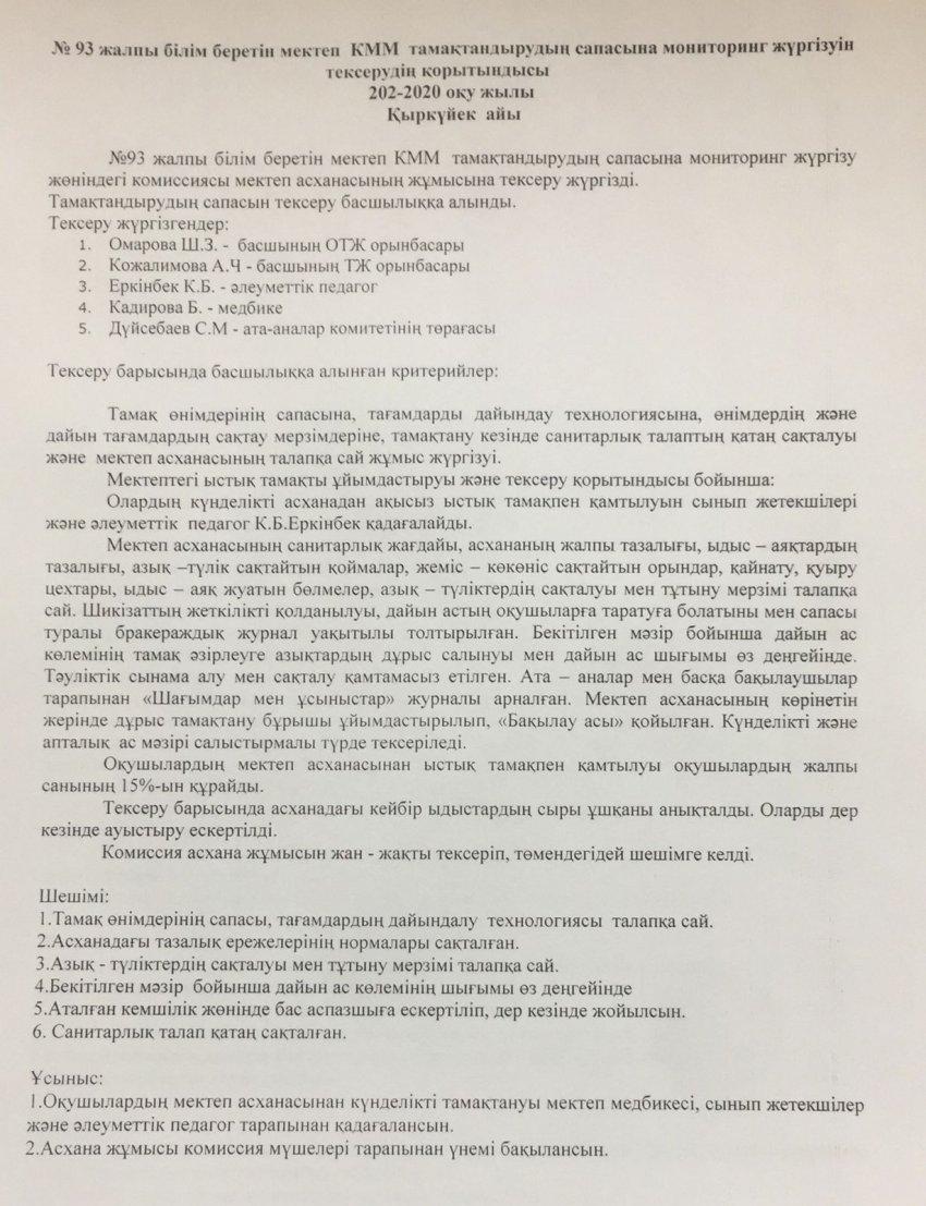 Тамақтану сапасына мониторинг жүргізу қорытындысы