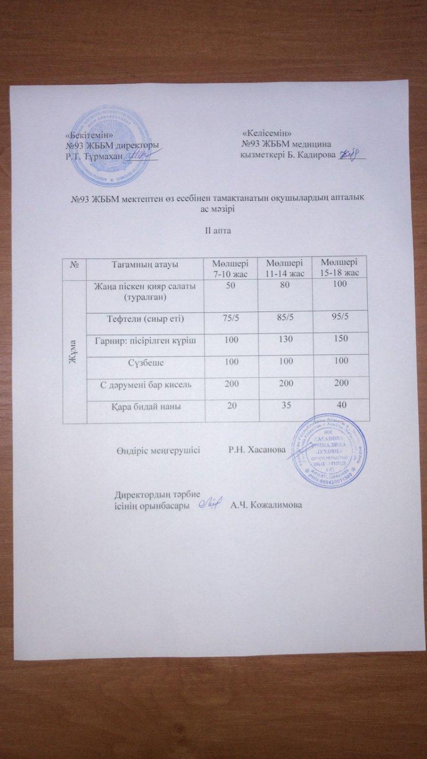 Өз есебінен тамақтанатын оқушылардың 2-апталық ас мәзірі